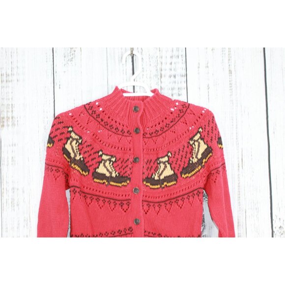LL Bean Signature Cotton Fisherman Sweater Short Cardigan Fair Isle Red Size M - Picture 2 of 10